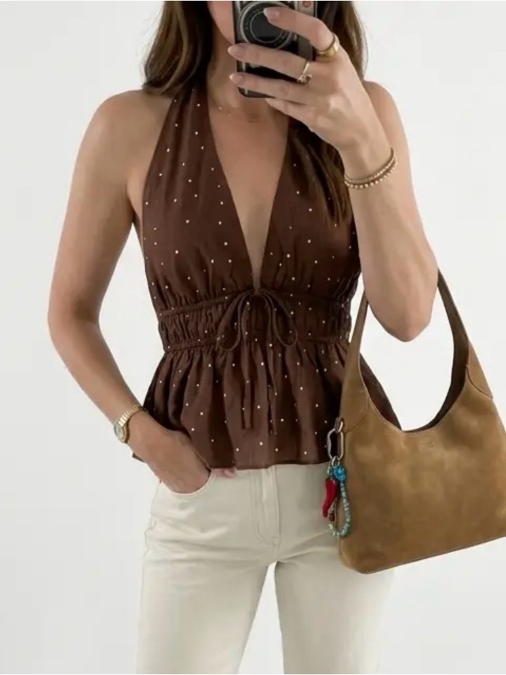 Brown Halter Tie-Waist Smocked Top - Women